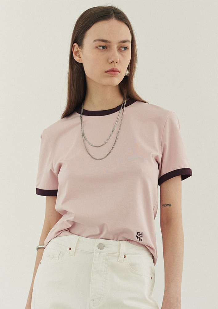[셀럽 PICK★] 넥 슬리브 컬러 포인트 그래픽 티셔츠 다크 핑크